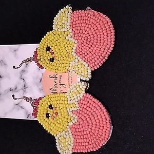 Easter beaded Earrings hypoallergenic chicks yellow & orange 2 1/4 x 2 inch